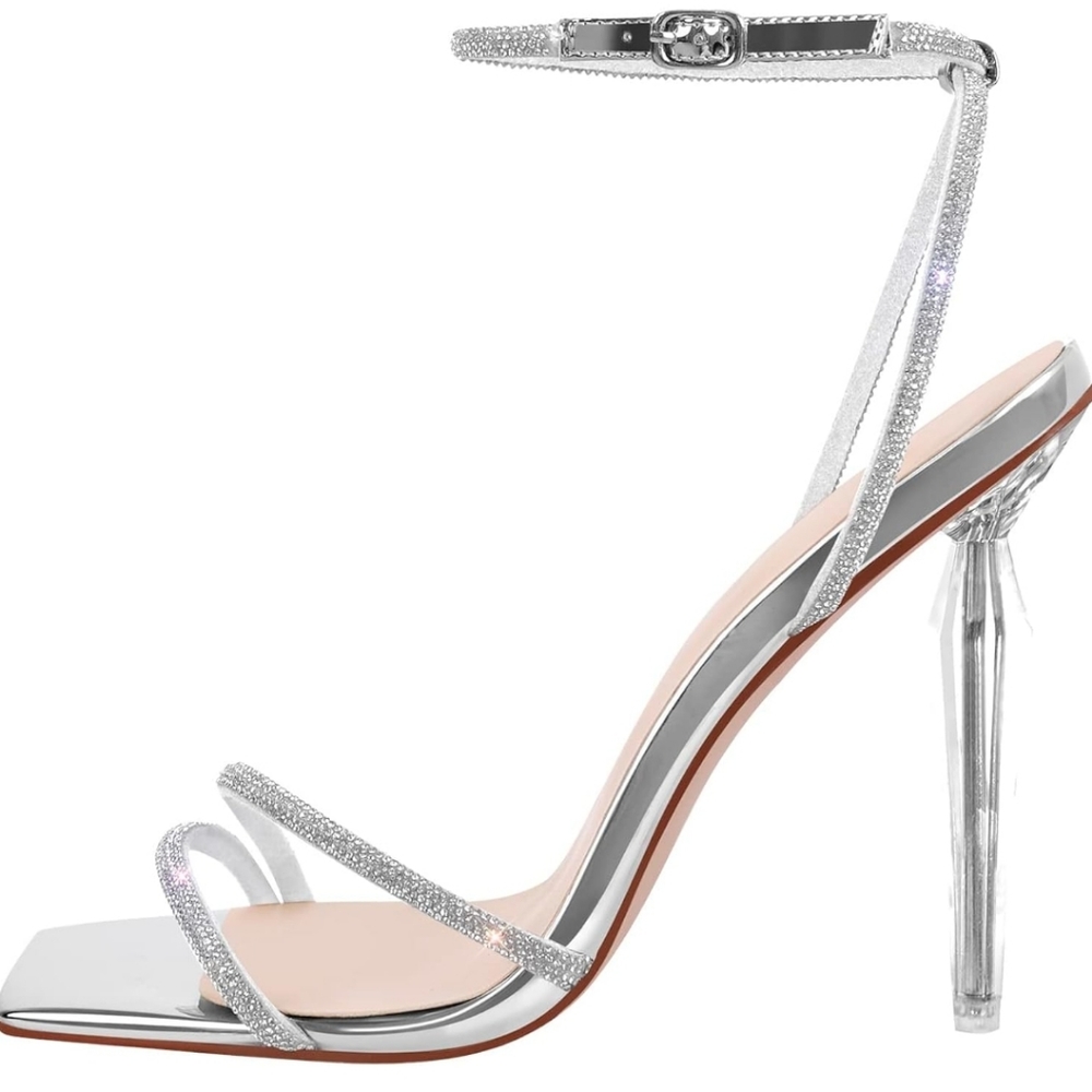 Women's Square Toe Rhinestones Studded Sandals Ankle Buckle Clear High Heels 7